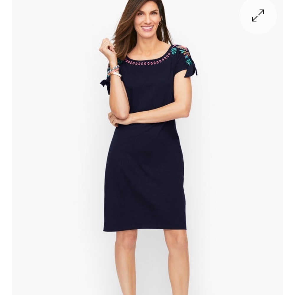 Talbots Embroidered Shift Dress - Nantucket Slub Women’s Size Small Navy Cotton